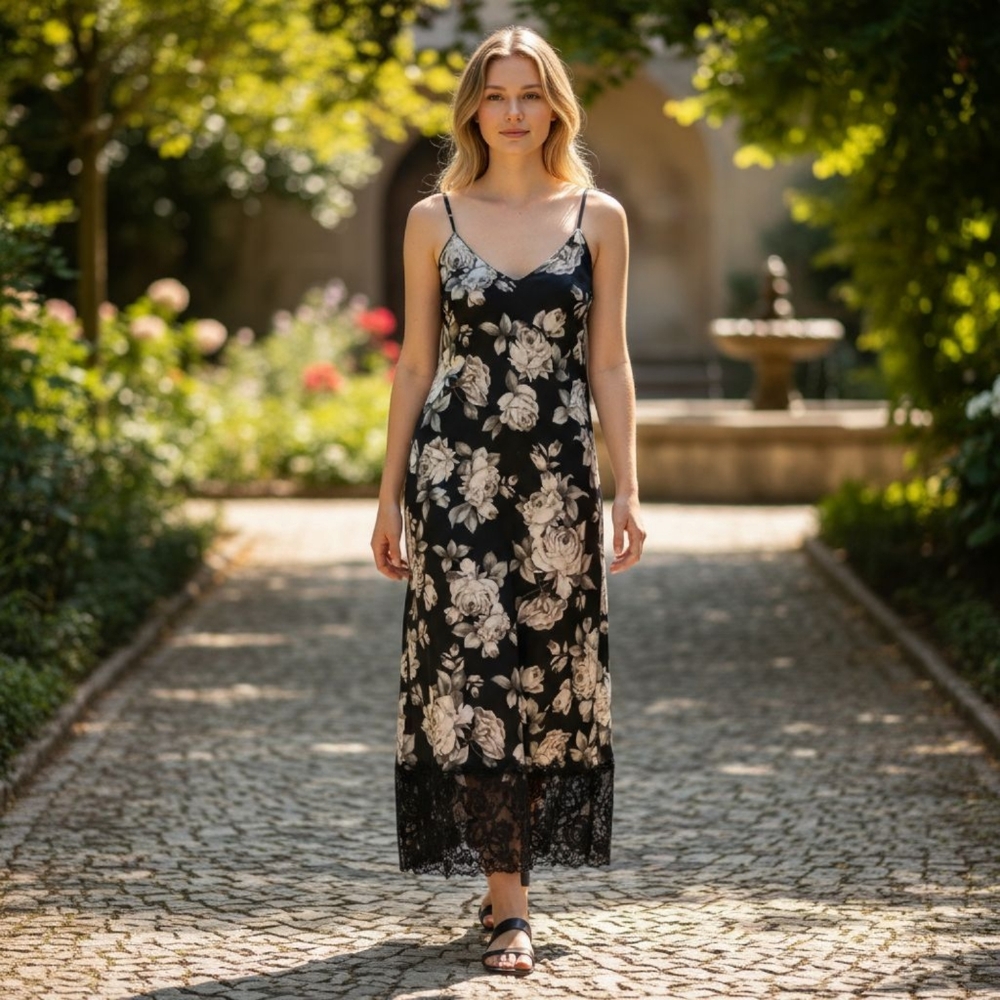 Sienna Sky Black Cream Floral Spaghetti String with Lace Midi Sexy  Slip Dress L